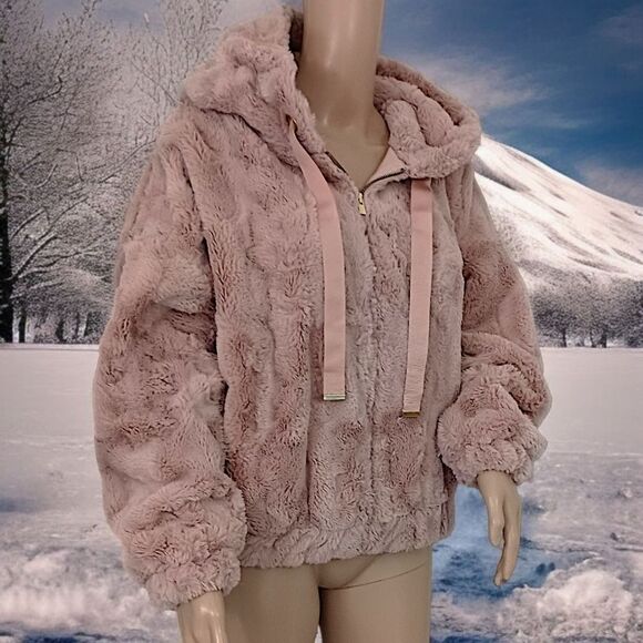Express Faux Fur Jacket XS Blush Pink SOFT Textured Hoodie Y2K Mob Wife Glam - Picture 15 of 16